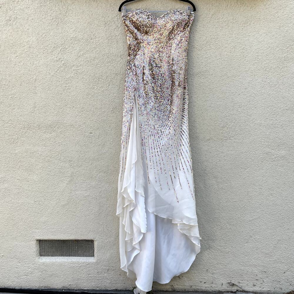 Terani Gold Multi-Colored Sequin Strapless Gown 6 Ivory Prom